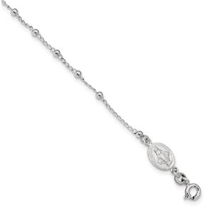 Sonia Jewels Sterling Silver Virgin Mary Pendant Pray for Us Charm Miracle Medal/Cross with 1in ext. Bracelet (1.3mm)