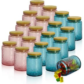 Mini Glass Jars with Reusable Bamboo Lids, 20 pack 8 oz Mixed Color Embossed, Home Décor Food Storage Candle Parties Wedding Baby Shower Favors Gift