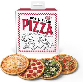 Genuine Fred HOT and Fresh Pizza Coasters, Set of 4 Realistic Pizza Style Drink Coasters, MDF and Cork, Packed in Authentic-Looking Mini Pizza Box, Fun and Functional Table Protection, Great Gift