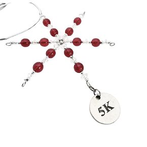 5K Ornament - Beaded Snowflake 5K Christmas Ornament/Gift Tag with Round Pewter 5K Charm with Jewelry Box - Handmade with Red Vintage Beads