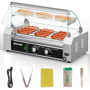 Seeutek Hot Dog Roller 7 Rollers 24 Hot Dogs Capacity 1100W Stainless Hot Dog Toaster With LED Light, Hot Dog Machine W/Dual Temp Control Glass Hood Acrylic Cover Warmer Shelf Removable Oil Drip Tray
