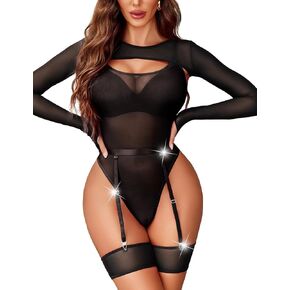 Avidlove Women Sexy Long Sleeve Mesh Top Teddy Bodysuit Clubwear Sheer Leotards with Garter Belt
