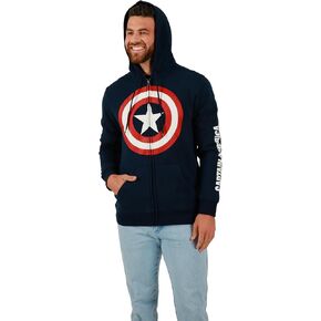 Marvel Captain America Shield Logo Long Sleeve Navy Blue Unisex Adult Zip-Up Hoodie-XL
