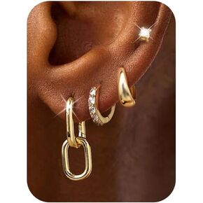 Gold Hoop Earrings for Women, Trendy 14K Gold Plated Hypoallergenic Link Huggie Earrings Stack, Dainty Dangle Earrings Set for Multiple Piercing