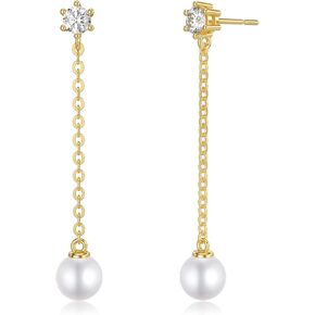 14K Real Gold Pearl Dangle Earrings for Women, Gold Chain Pearl Drop Stud Earrings Anniversary Jewelry Presents for Her, Wife, Mom