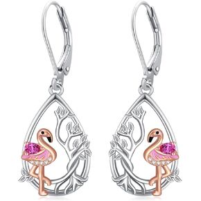 Pink Flamingo Earrings 925 Sterling Silver Tree of Life Dangle Earrings Christmas Flamingo Jewelry Xmas Gifts for Women Girlfriend