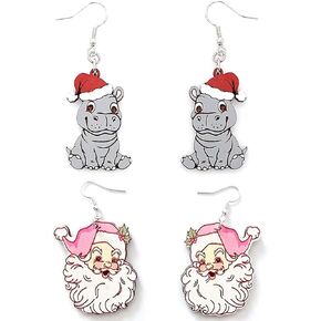 2PC Christmas Earrings For Women Cute Santa Hippo Christmas Earrings Wooden Painted Xmas Holiday Christmas Jewelry (Color-Santa Hippo)