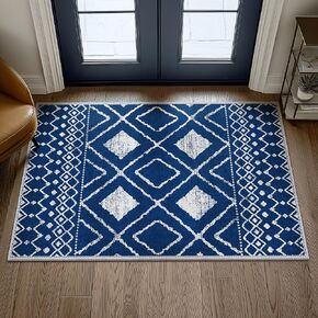 Entryway Rug 2x3 Low Pile, Washable Area Rug Indoor Door Mat Non Slip, Geometric Boho Rug Ultra-Thin Lightweight Rugs for Laundry Kitchen Bedroom, Blue