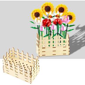 Vase for Lego Flowers, Wooden Fence Display Stand for Lego Flower Bouquet Building Set, Compatible with Lego Flowers for Adults, Storage Box For Lego Roses Cherry Blossom Sunflower Tulip Daffodil Lotu