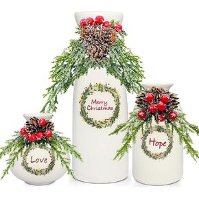 3 Pcs Ceramic Vases with Pine Branch Red Berry, Artificial White Vases Christmas Ornaments Indoor Decorations Modern Style Xmas Centerpiece, Nordic Christmas Tabletop Decor Holiday Decor Collection