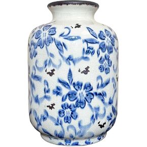 Vintage Ceramic Farmhouse Flower Vase, Rustic Home Decor, Blue and White, 7 inch Decorative Vase