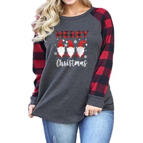 VISLILY Plus-Size-Christmas Shirts for Women Holiday Long Sleeve Tops Raglan Plaid Tee