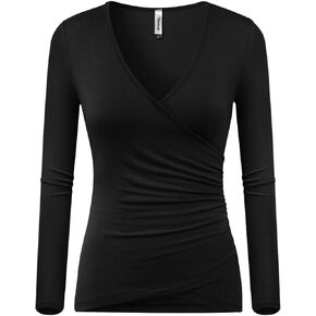 Beauhuty Women's Deep V Neck Slim Fitted Long Sleeve T-Shirt Front Wrap Ruched Tee Tops