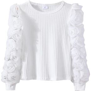 Girls Casual Crewneck Ruffle Flower Long Sleeve Solid Kint Sweatshirts Loose Fit Blouse Fashion Shirts