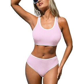 CUPSHE Women's Bikini Sets Two Piece Bathing Suit Mid Rise Adjustable Wide Straps Textured Color Block Scoop Neck