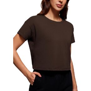 CRZ YOGA Women's Pima Cotton Workout Short Sleeve Shirts Loose Crop Tops Athletic Gym Shirt Casual Cropped T-Shirt