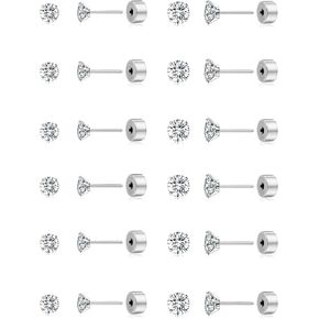 Tornito 12 Pairs Tiny Threadless Flat Back Stud Earrings Stainless Steel Round Cubic Zirconia Stud Earrings Set Cartilage Earring Tragus Helix Piercing Jewelry For Men Women 2MM-3MM 20G