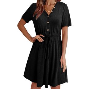Dokotoo Summer Dresses for Women 2025 Short Sleeve V Neck Button Down Drawstring Casual High Low Hem Mini Dress