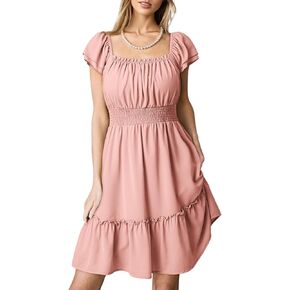 Dokotoo Womens Summer Dresses 2025 Ruffle Short Sleeve Shirred High Waist Tiered Smocked A-Line Casual Dress with Pocket in Kuwait