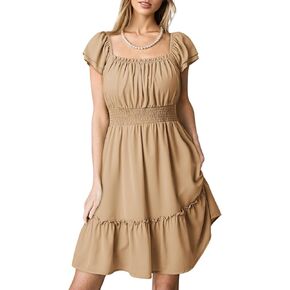 Dokotoo Womens Summer Dresses 2025 Ruffle Short Sleeve Shirred High Waist Tiered Smocked A-Line Casual Dress with Pocket