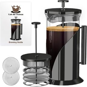 Cafe Du Chateau French Press Coffee Maker - Heat Resistant Glass with 4 Level Filtration System, Stainless Steel Housing - Brews Coffee and Tea - Large 34 Oz Carafe Coffee Presser