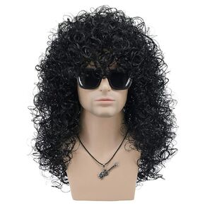 VGbeaty Mens Slash Long Curly Black Hard 70s 80s Rocker Wig Halloween Costume Cosplay Wig (Black)