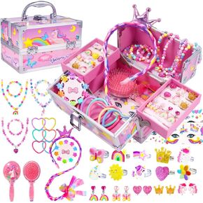 PinkSheep Unicorn Kids Jewelry for Girls: Toddler Princess Dress Up Unicorn Toy Set, Ring Necklace Bracelace Earing Clip for Little Girls, Christmas Gifts for Kids Toddler Jewelry Age 3-8