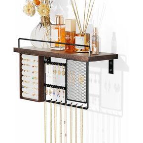 Lolalet Wall Mounted Hanging Jewelry Organizer with Wood Shelf, Wall Jewelry Holder with Hooks for Ring Earring Bracelets Necklaces Display -White