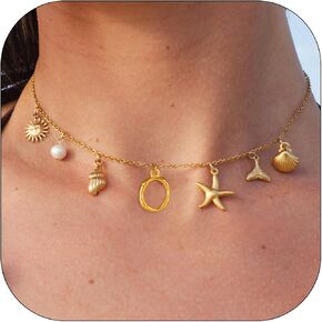Gold Beach Charm Necklace for Women Summer Shell Charm Necklaces 18K Gold Plated A-Z Initial Dainty Chunky Seashell Starfish Letter Pendant Boho Surfer Name Jewelry Gifts