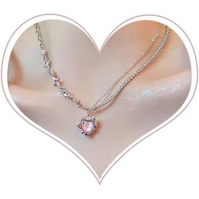 Crystal Heart Pendant Necklace for Women,Punk Dainty Adjustable Love Heart Clavicle Chain Necklace Sparkle Zircon Star Heart Choker Statement Y2k Jewelry