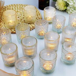 24 PCS Glass Votive Candle Holders -4 Patterns | Vintage Tea Light Holders, Clear Candle Holder Bulk for Wedding Table Centerpieces, Home, Christmas, Thanksgiving & Birthday Party Decor