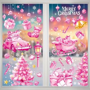 CCINEE 8 Sheets Pink Window Sticker, Large Window Clings for Girls Home Christmas Decorations Xmas Snowflakes Window Clings for Girls Holiday Party School Office