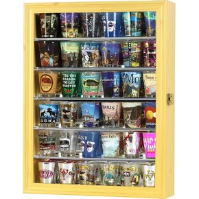 Souvenir Shot Glass Display Case Shadow Box Wall Mounted Cabinet Home Bar, Mirror Background in Oak Finish