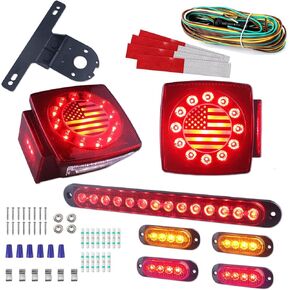 Submersible Oval LED Trailer Tail Light Kit American Flag Designed 10 inch 3rd Brake Lights Aluminum Alloy Base Stop Turn Tail Lights for Under 80 inch Trailer Boat Utility Trailer Snowmobile 12V