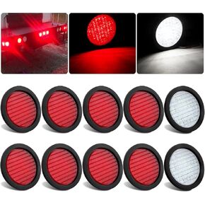 10Pcs 4 Inch Round LED Trailer Tail Lights Kit - 4 Round Led Stop Turn Brake Tail Trailer Back-up Reverse Lights 40 LED w/Lights Grommet 3-Prong Wire Pigtails for Truck Trailer RV(8 Red + 2 White)