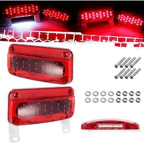 KOMAS Rectangular Red LED RV Camper Trailer Stop Turn Brake Tail Lights White License Plate Light 49 LED with License Bracket Holder and White Base 12V Sealed w Reflex Surface Mount (Left + Right)