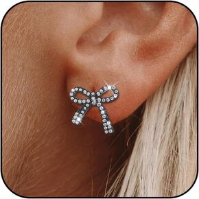 Dainty Bow Earrings for Women Trendy Sparkly Bow Stud Earrings Silver Rhinestone Earrings Bow Jewelry for Wedding Prom Outfits Christmas Gifts 2024