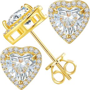 Moissanite Diamond Heart Earrings Stud Screw Back 0.3-2.0ct 4-8mm 18K White Gold Plated 925 Sterling Silver Moissanite Diamond Halo Stud Earrings for Women
