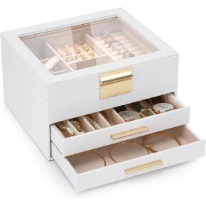 3-Layer Jewelry Box for Women, Jewelry Organizer with Glass Lid and Drawers, Jewelry Organizers and Storage for Necklaces, Rings, Earrings, Bracelets - White/Green/Black.