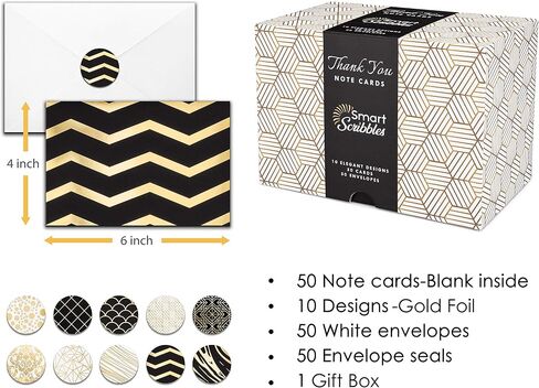 Smart Scribble 50 Blank Cards and Envelopes, Assorted Greeting Cards for All Occasions, 4x6" Blank Note Cards with Envelopes and Matching Stickers- 10 Elegant Designs, Thank You Card Assortment Pack, in Saudi Arabia