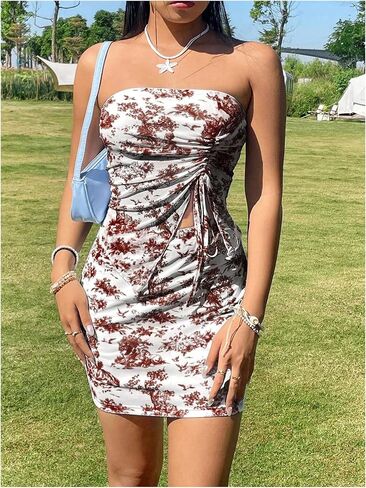 Milumia Women's 2 Piece Outfits Floral Drawstring Crop Tube Top and Mini Skirt Sets in Saudi Arabia