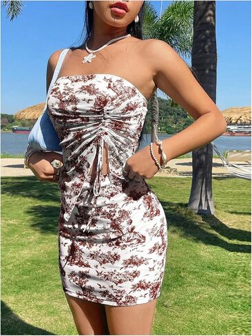 Milumia Women's 2 Piece Outfits Floral Drawstring Crop Tube Top and Mini Skirt Sets in Saudi Arabia