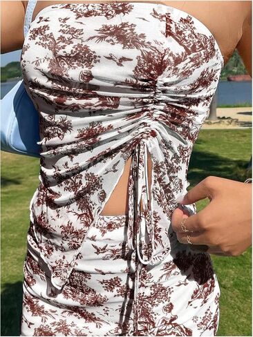 Milumia Women's 2 Piece Outfits Floral Drawstring Crop Tube Top and Mini Skirt Sets in Saudi Arabia