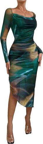 GORGLITTER Women's 2024 Casual Fall Tie Dye Split Midi Dress Square Neck Long Sleeve Bodycon Dresses in Saudi Arabia