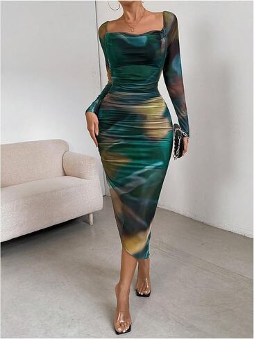 GORGLITTER Women's 2024 Casual Fall Tie Dye Split Midi Dress Square Neck Long Sleeve Bodycon Dresses in Saudi Arabia