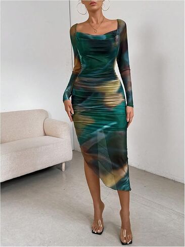 GORGLITTER Women's 2024 Casual Fall Tie Dye Split Midi Dress Square Neck Long Sleeve Bodycon Dresses in Saudi Arabia