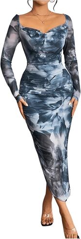 GORGLITTER Women's 2024 Casual Fall Tie Dye Split Midi Dress Square Neck Long Sleeve Bodycon Dresses in Saudi Arabia