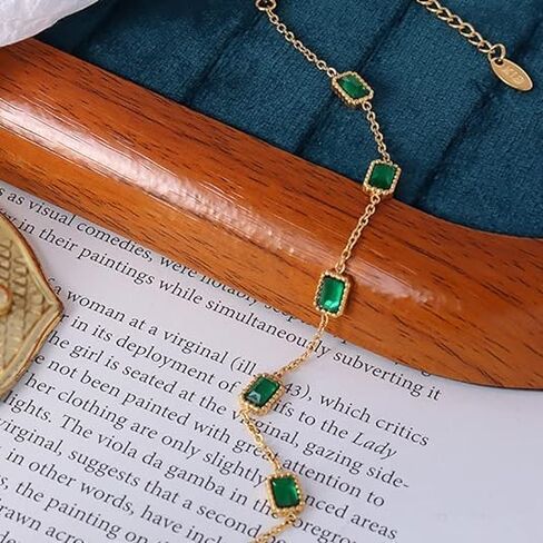 14K Gold Bracelet with Five Square Cut Emeralds, Adjustable Linked Bracelet Design for Any Wrists, Elegant Gift for Her in Saudi Arabia