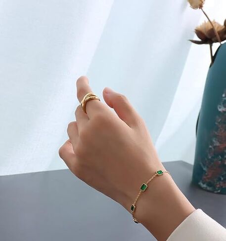 14K Gold Bracelet with Five Square Cut Emeralds, Adjustable Linked Bracelet Design for Any Wrists, Elegant Gift for Her in Saudi Arabia