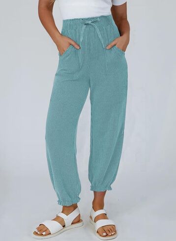 Dokotoo Womens Casual Pants Drawstring Textured 2024 High Waisted Ribbed Fall Long Carrot Baggy Trousers with Pockets in Saudi Arabia